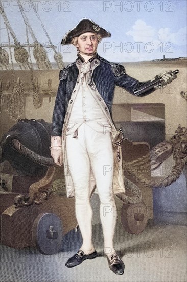 John Paul Jones (born 6 July 1747 in Arbigland, Kirkcudbrightshire, Scotland as John Paul, died 18 July 1792 in Paris) was a freedom fighter in the American War of Independence. Jones is considered a naval hero, US national hero, after a painting by Alonzo Chappel (1828-1878), Historical, digitally restored reproduction from a 19th century original