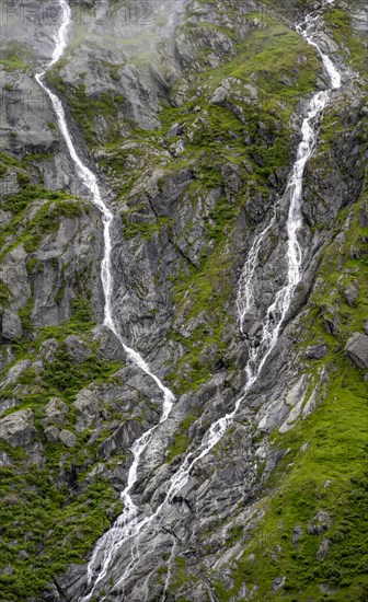 Mountain stream flowing down a steep rocky slope, waterfall, Berliner Hoehenweg, Zillertal, Tyrol, Austria, Europe