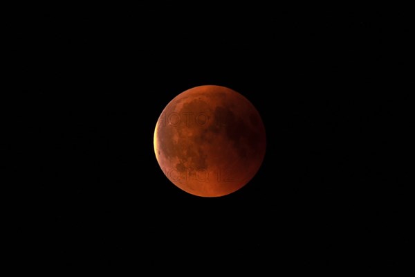 Blood red full moon at night, shining against a black sky, Haan, North Rhine-Westphalia, Germany, Europe