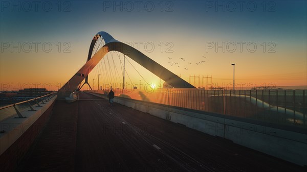 People on a bridge during sunrise with a flock of birds in the sky, Nijmegen, Netherlands