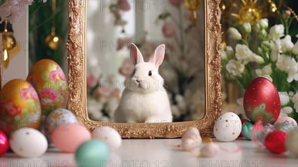 Easter bunny and Easter eggs on wooden background with spring flowers. Bunny near empty white frame AI generated