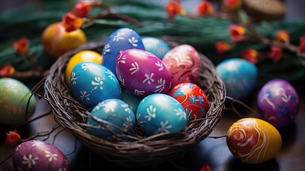 A nest filled with colorful painted Easter eggs adorned with floral designs, symbolizing spring festivity AI generated