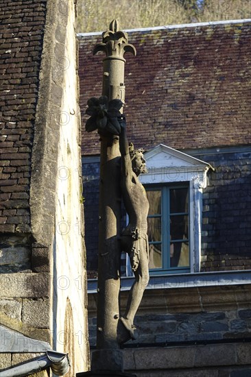 Crucifix in front of the Saint Melaine church, Morlaix Montroulez, Finistere Penn Ar Bed department, Brittany Breizh region, France, Europe