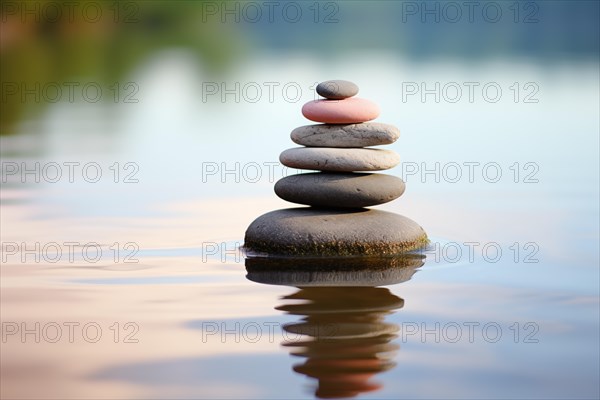 Stack of zen stones on water with a nature background. The image conveys a sense of balance, harmony, and peace. Suitable for use in wellness, therapy, and relaxation concepts, AI generated