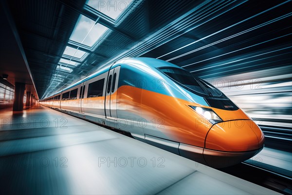 Modern high speed train in a futuristic train station. Modern transportation technology, speed, travel concepts. Railroad with motion blur effect, AI generated