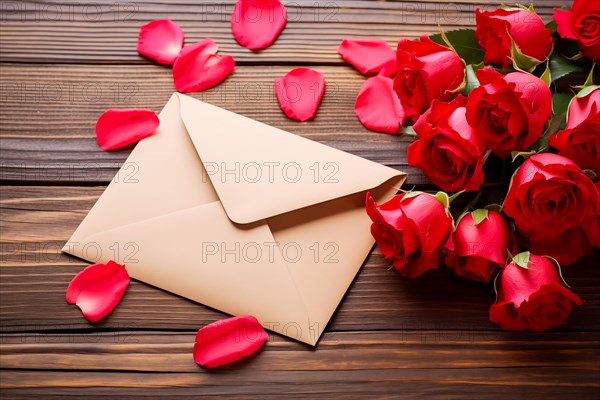 Vibrant red roses, a romantic valentine love letter in an elegant envelope, and scattered rose petals on a dark wooden table. Love and affection on Valentine's Day, AI generated