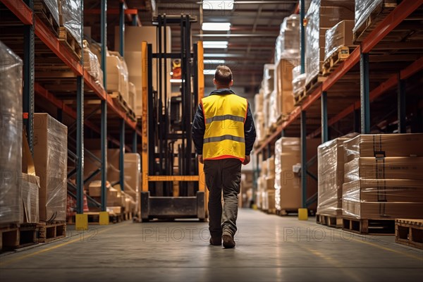 A worker in a reflective vest operates a forklift in a well-lit warehouse, navigating through aisles stacked with packaged goods. Efficiency and organization of a modern distribution center, AI generated