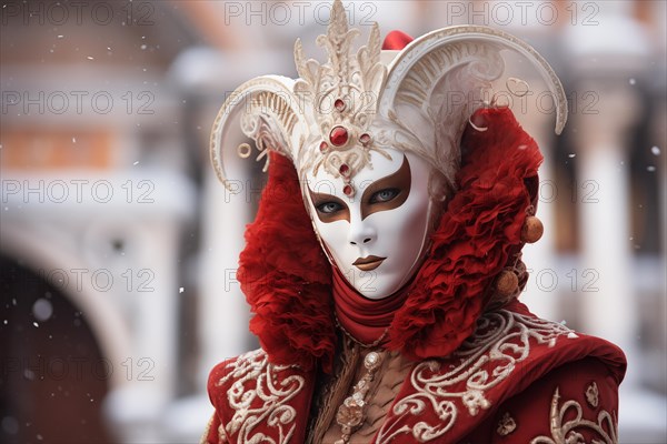 A person adorned in a richly detailed and colorful carnival costume, complete with an elaborate mask, participates in the iconic Venice Carnival with snowfall, AI generated