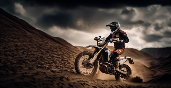 Motocross on an enduro motorcycle through mud and sand, a motorcyclist in gear and a helmet rides off-road, AI generated