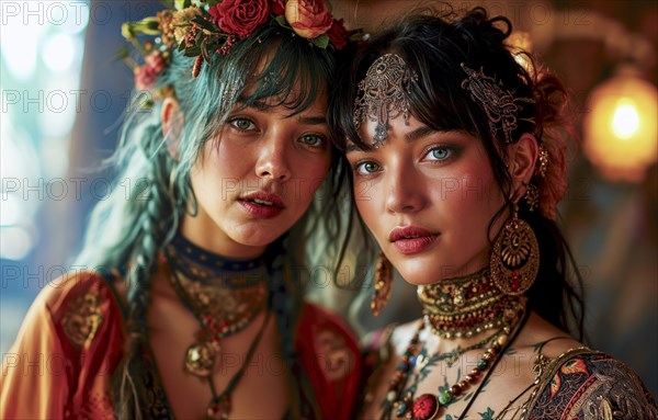 Two woman in boho style with flowery headdresses and colourful robes look intensely into the camera, AI generated, AI generated