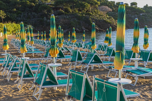 Sun loungers and parasols on Straccolignino beach at sunrise, near Capoliveri, Elba, Tuscan Archipelago, Tuscany, Italy, Europe