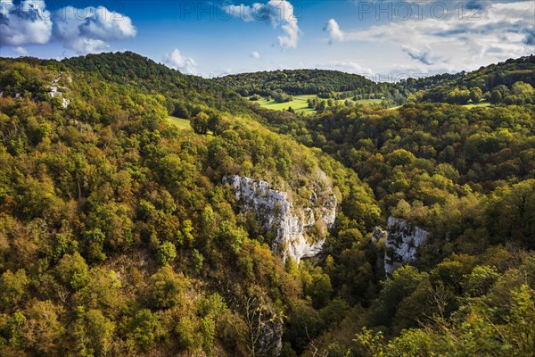 River with gorge and autumnal coloured forest, valley of the Loue, Lizine, near Besancon, Departement Doubs, Bourgogne-Franche-Comte, Jura, France, Europe