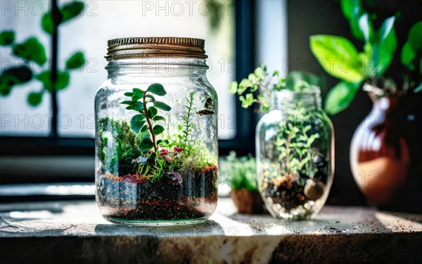 Bottle garden, mini biotope, eco system in a jar on a windowsill in a city flat, AI generated, room, windowsill, plants, screw-top jar, horticulture, herbs, green, sunlight