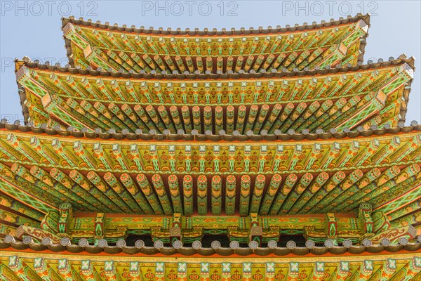 Buyeo, South Korea, July 7, 2018: Eves of colorful Buddhist five story pagoda at Neungsa Baekje Temple, Asia