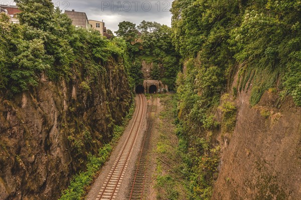 View of a railway line running through a deep cut in a cliff, Rauenthal Tunnel, on the right disused Langerfeld Tunnel, Beyenburg line, Wuppertal Langerfeld, North Rhine-Westphalia, Germany, Europe