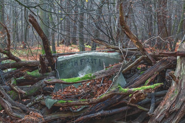 An old cloth with the inscription 'EARTH FRIRST' is surrounded by rotten wood and moss in the forest, Hambach Forest, North Rhine-Westphalia, Germany, Europe