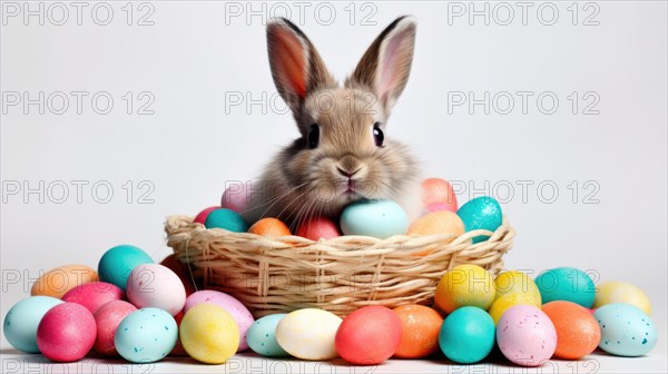 A bunny nestled among multicolored pastel Easter eggs in a basket, conveying a cheerful festive mood AI generated