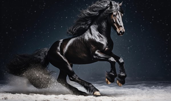 Black horse with long mane galloping in water on dark background AI generated