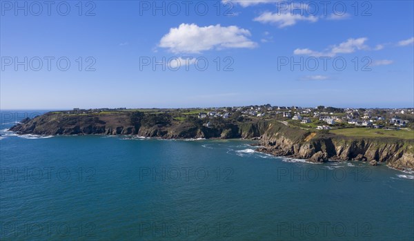 Aerial view of the cliffs at Plougonvelin on the Atlantic coast at the mouth of the Bay of Brest, Finistere Penn ar Bed department, Brittany Breizh region, France, Europe