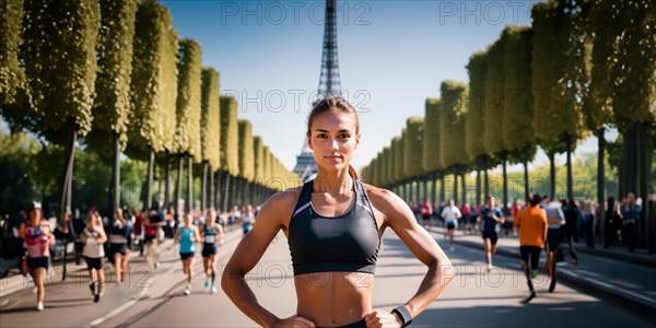 Woman athlete in Paris in sportswear against the background of the Eiffel Tower. Concept of the Olympic Games in France, AI generated