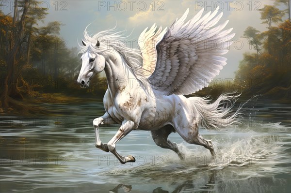 Legendary Pegasus winged horse of the Greek Mythology running through water with open wings, AI Generated, AI generated