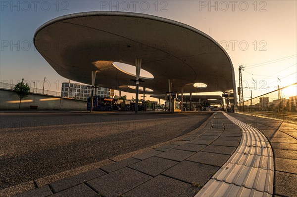 Modern concrete construction of a bus station in the evening light, Bus station, Pforzheim, Germany, Europe