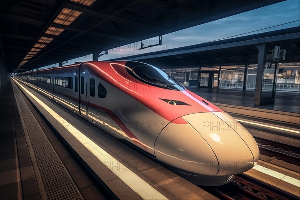 Modern high speed train in a futuristic train station. Modern transportation technology, speed, travel concepts. Railroad with motion blur effect, AI generated