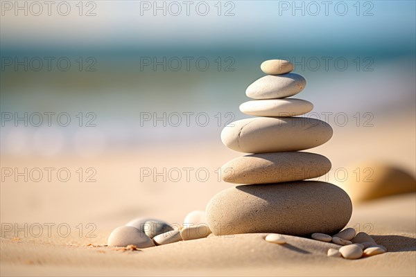 Zen stones stack on sand waves in a minimalist setting for balance and harmony. Balance, harmony, and peace of mind, wellness, meditation, and spirituality concept, AI generated