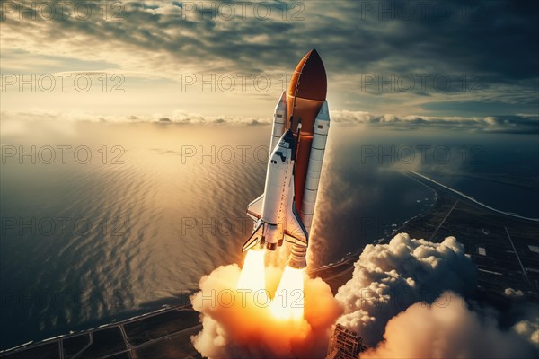 Aerial view of a rocket shuttle carrier launch at sunrise over an ocean coast. The rocket is blasting off with a trail of smoke and flames behind it, AI generated