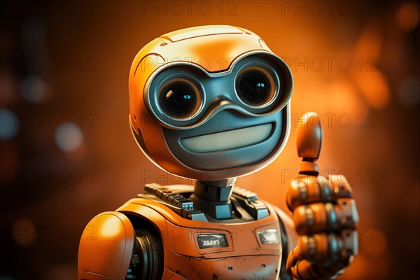 Orange robot showing a thumbs up gesture. The friendly robot has big round eyes and a friendly smile. Concept of artificial intelligence technology approval agreement, success, friendliness, AI generated