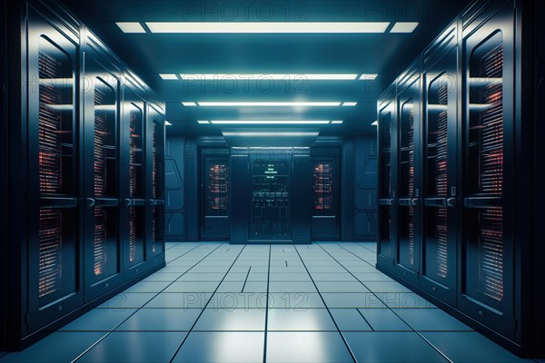 A modern data center with rows of server racks, high technology, artificial intelligence AI and data cloud computing computer systems storage and telecommunications, AI generated