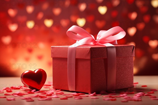 Valentine's Gift red gift box adorned with a soft pink ribbon, surrounded by heart-shaped confetti and a bokeh background. Feelings of love, affection, and surprise, AI generated