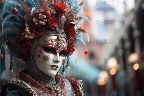 A person adorned in a richly detailed and colorful carnival costume, complete with an elaborate mask, participates in the iconic Venice Carnival, AI generated