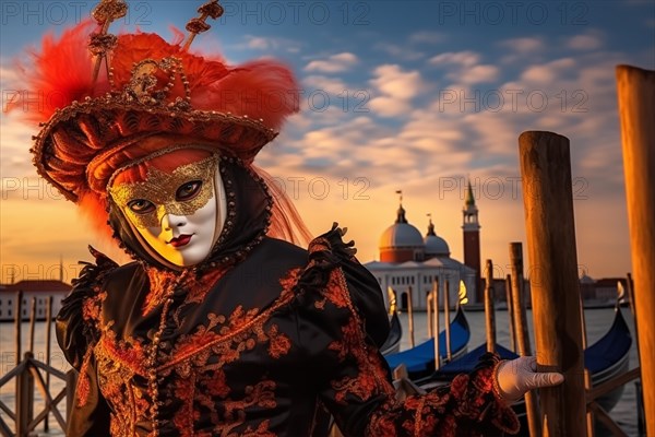 A person adorned in a traditional Venetian carnival mask and costume, with the iconic architecture of Venice silhouetted against a stunning sunset, AI generated