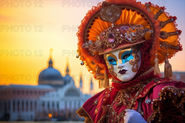 A person adorned in a traditional Venetian carnival mask and costume, with the iconic architecture of Venice silhouetted against a stunning sunset, AI generated