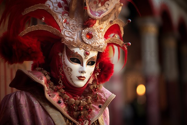 A person adorned in a richly detailed and colorful carnival costume, complete with an elaborate mask, participates in the iconic Venice Carnival, AI generated