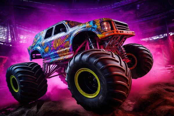 Monster truck with neon lighting, jumping off-road in cloud of dust. Excitement and thrill of an extreme sport, AI generated