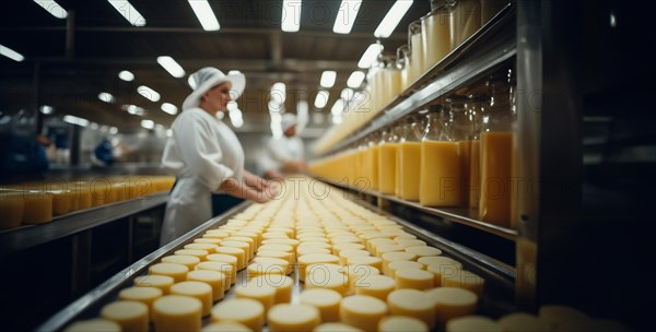 Cheese production at a dairy products factory, conveyor line with cheese, AI generated