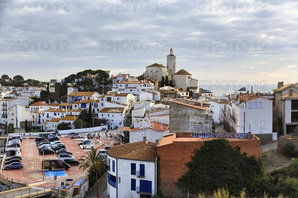 Local view, former fishing village of Cadaques with landmark, white church of Santa Maria, Cadaques, Cap de Creus peninsula, Costa Brava, Spain, Europe