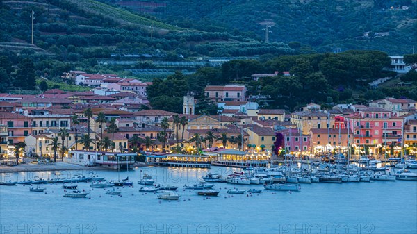 The marina of Porto Azzurro in the evening light, Elba, Tuscan Archipelago, Tuscany, Italy, Europe