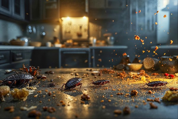 Cockroaches (Blattodea) search for food on a messy kitchen worktop under dramatic lighting, AI generated, AI generated