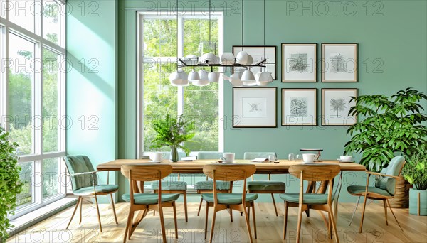 Sunlit modern dining room with green walls and stylish wooden furniture, AI generated