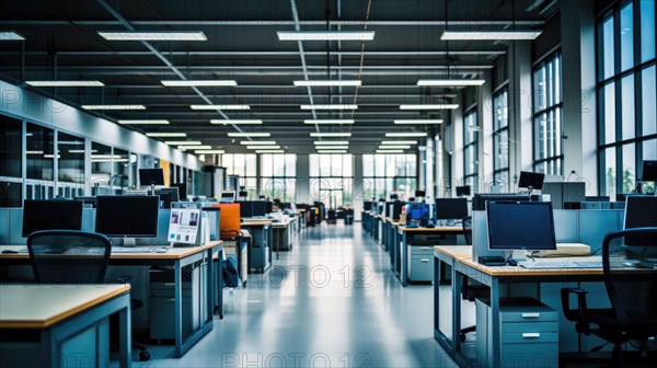 Interior of a modern office building with rows of computer tables and chairs AI generated