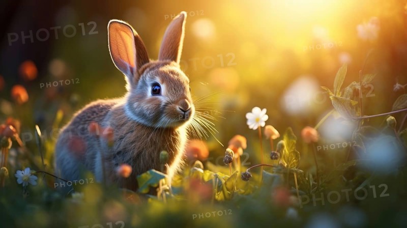 Cute little rabbit on a meadow with dandelions at sunset AI generated ...
