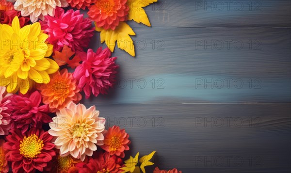 Colorful chrysanthemums arranged on a dark wood background, depicting autumn AI generated