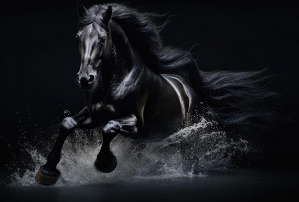 Beautiful black horse running gallop in water on black background AI generated