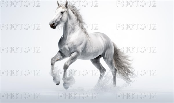 White horse with flying hair and splashes of water on white background. Frozen water splashes on background. Horse in dynamic pose AI generated