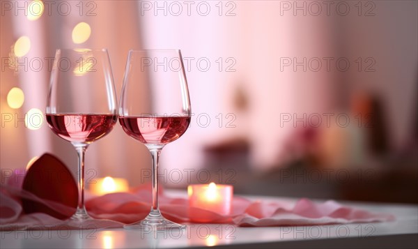 Wine glasses with sparkling accents and heart-shaped decorations in a romantic atmosphere AI generated
