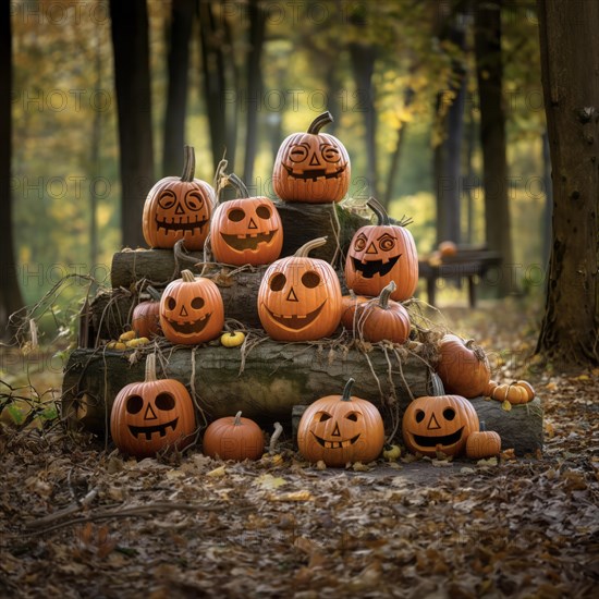 Halloween pumpkins on a tree trunk in an autumnal forest, pumpkins with personality, AI-Generated & Photoshop, HobbyZone-Alpha, Haan, North Rhine-Westphalia, Germany, AI generated, Europe