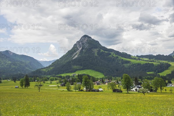 Summer austrian landscape with green meadows and impressive mountains, view from small alpine village Tauplitz, Styria region, Austria, Europe